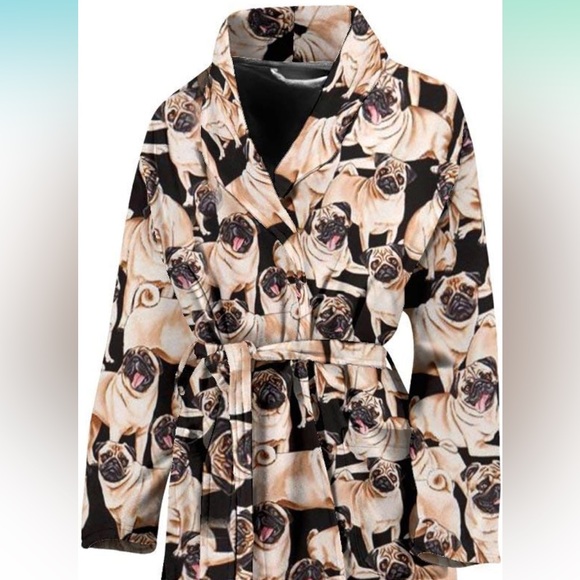 PUG Print Adorable Long Adult Comfy Bath Robe with Belt & Front Pockets Sz OS - Picture 4 of 14